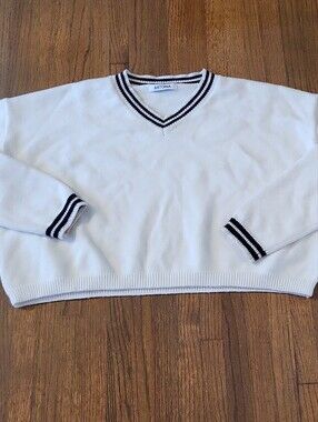 Astoria White V-Neck Sweater with Navy Stripe Trim